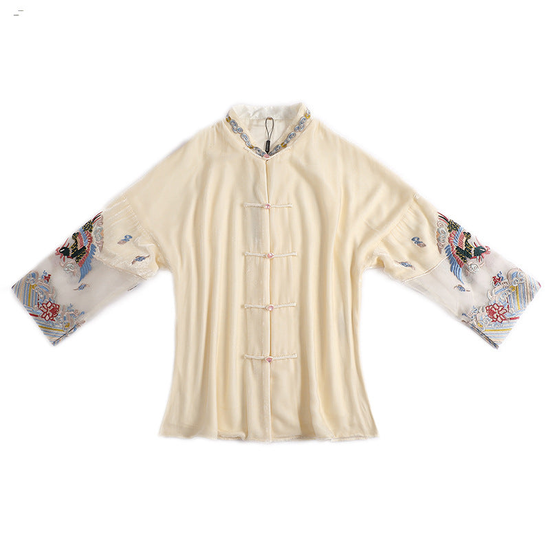 Embroidered Vintage Top Women's Stand Collar Improved Loose