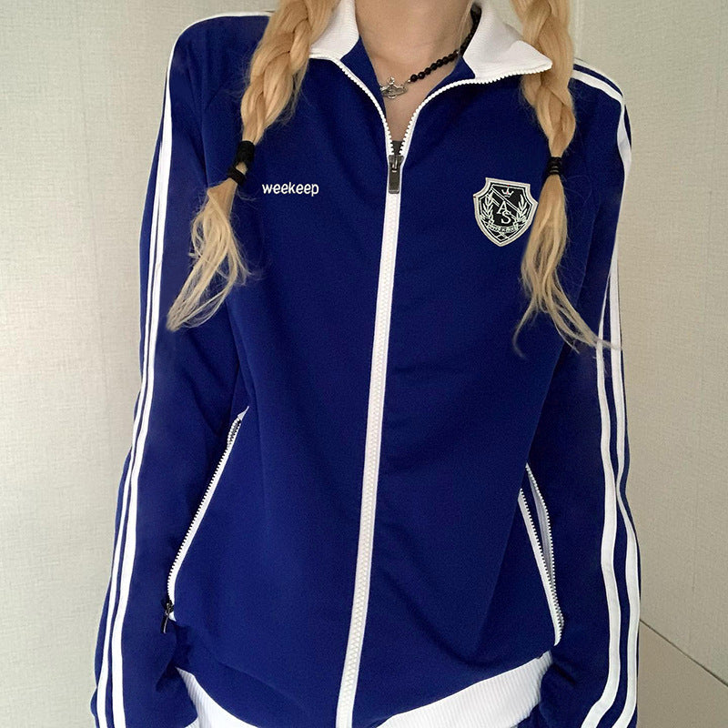 Chaqueta deportiva de punto con solapas y cremallera de color en contraste para otoño, de manga larga y con costuras de cinta