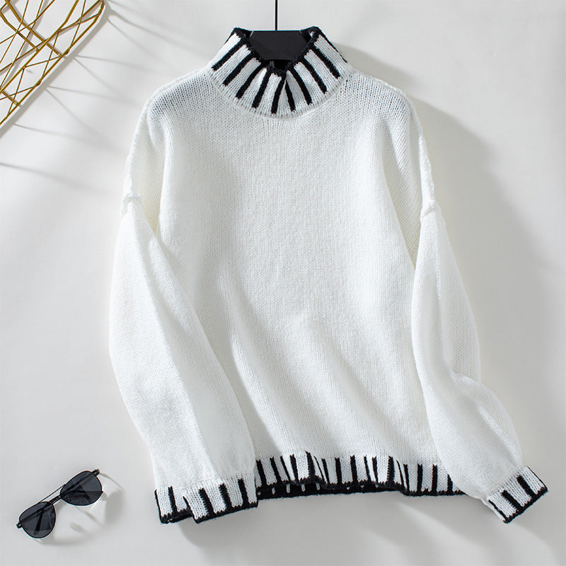 Autumn Winter Striped Pullover Turtleneck Sweater Women Loose Knitwear Top Women