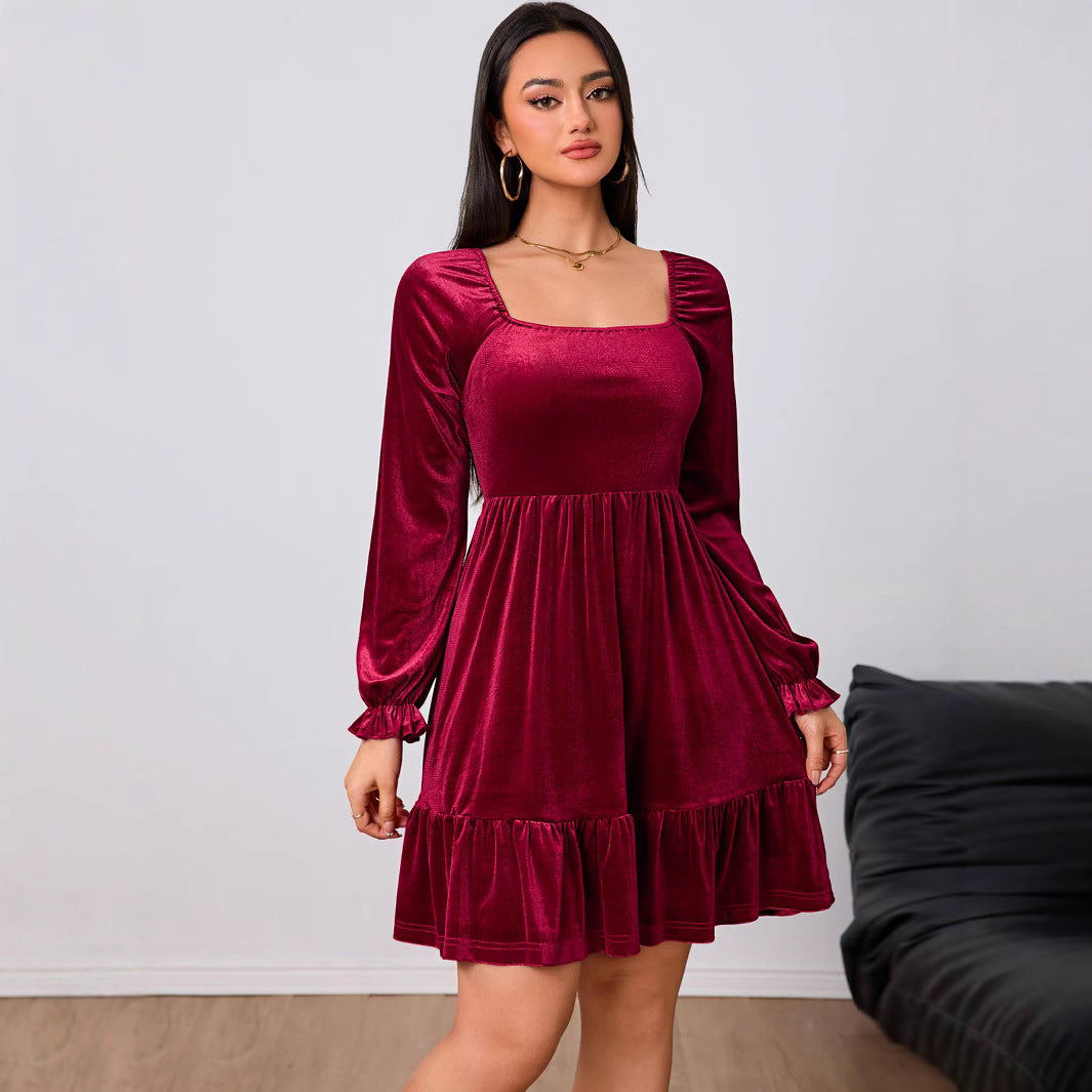 Vêtements pour femmes Robe mi-longue en velours français rouge vin Automne Hiver