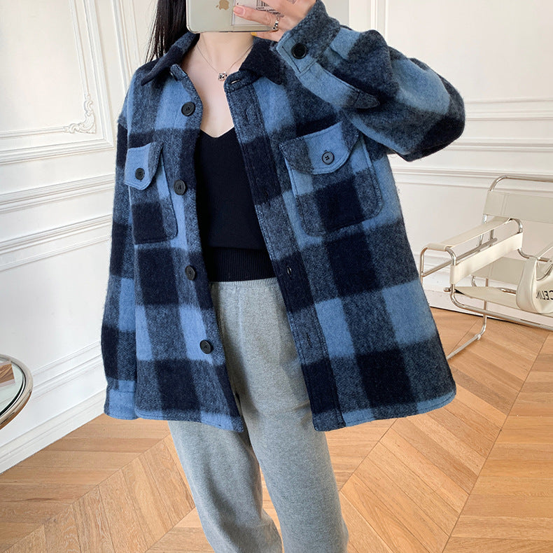 Wool Plaid Short Coat Shirt Collar Women's Loose Top Woolen Coat For Men And Women