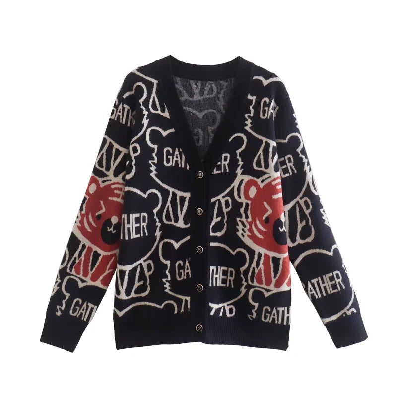 Printemps dessin animé tigre Jacquard tricoté Cardigan fil de base col en V Double boutonnage pull