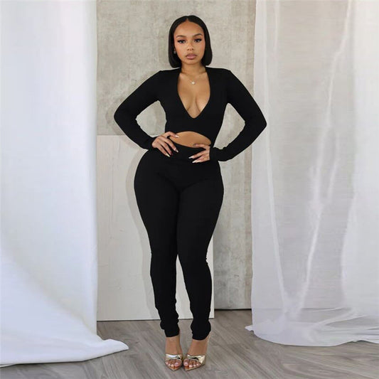 Autumn Winter Sexy Deep V Plunge neck Cropped Tight Long Sleeve Solid Color Sports Jumpsuit Women