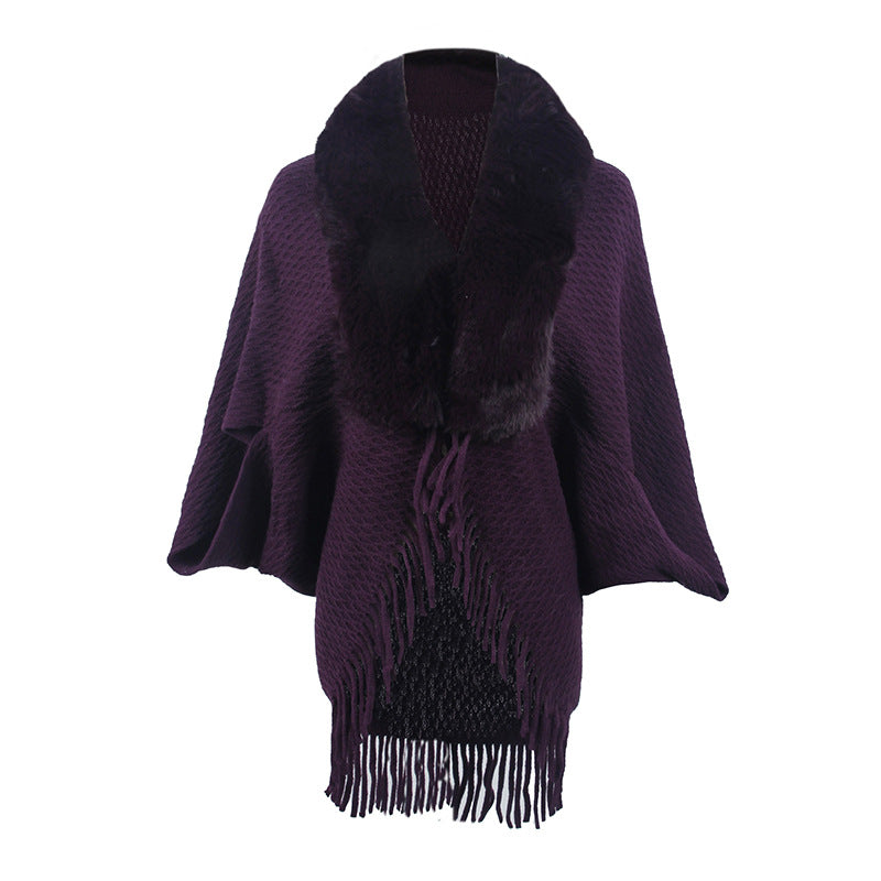 Wool Rain Fur Collar Knitted Tassel Cape Coat Women Autumn Winter Outdoor Shawl