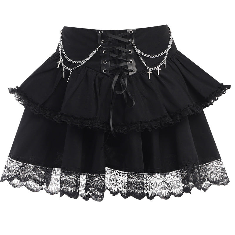 Summer Halloween Party Hipster Slim Chain Cross Double Layer Gothic Skirt Women