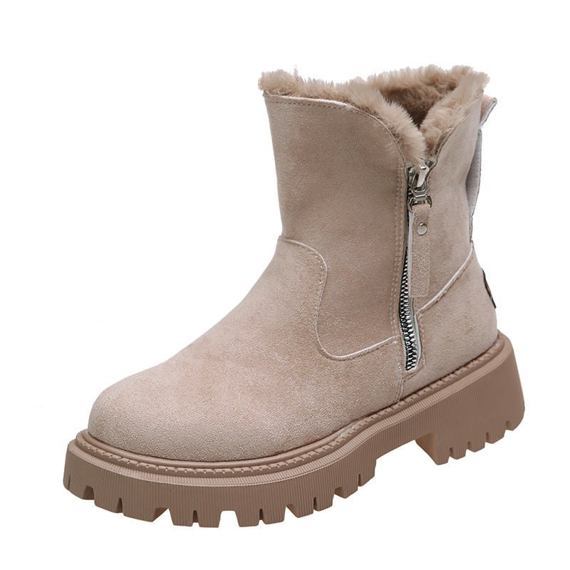 Winter Fleece Lined Short Fur Mouth Snow Boots Women Warm Side Zipper Suede Cotton Boots