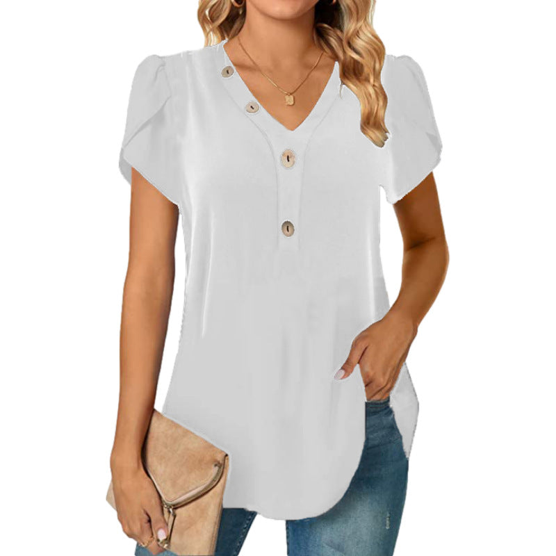 Women's V-neck Stitching Short Sleeve Button