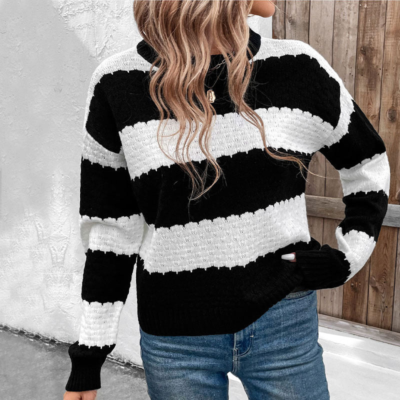 Autumn Fashionable Knitted Sweater Round Neck Long Sleeve Black White Color Matching Sweater