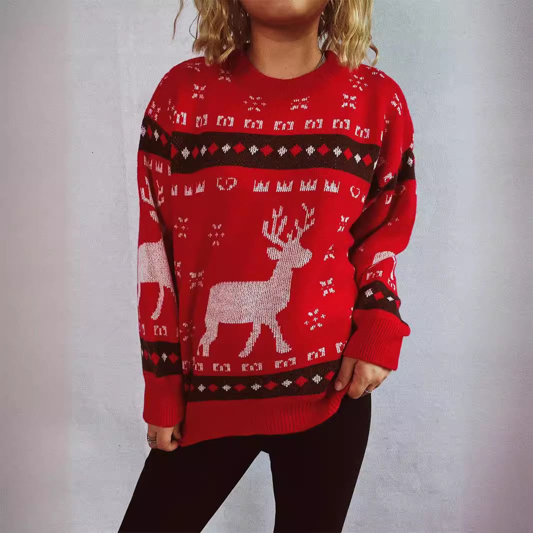 Arrival Autumn Winter Cartoon Elk Brocade Sweater Christmas Sweater round Neck Pullover Sweater