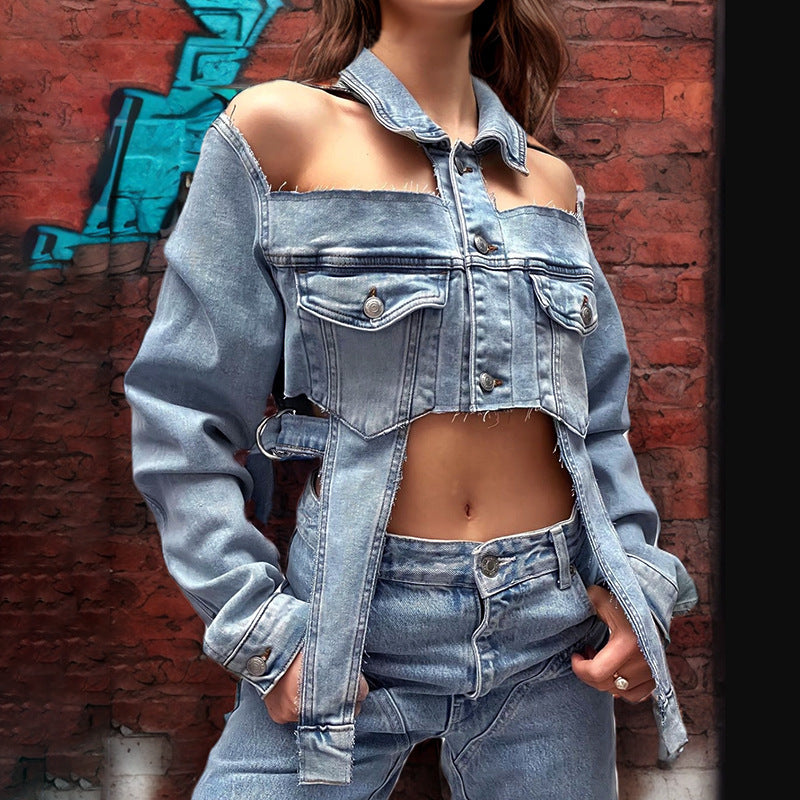 Spring Personalized Trendy Hollow Out Cutout Out Stitching Collared Design Sexy Short Long Sleeve Denim Jacket Women