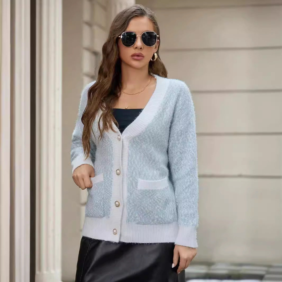 Pull femme col en V simple boutonnage avec poches vêtements d'extérieur décontractés haut de couleur unie