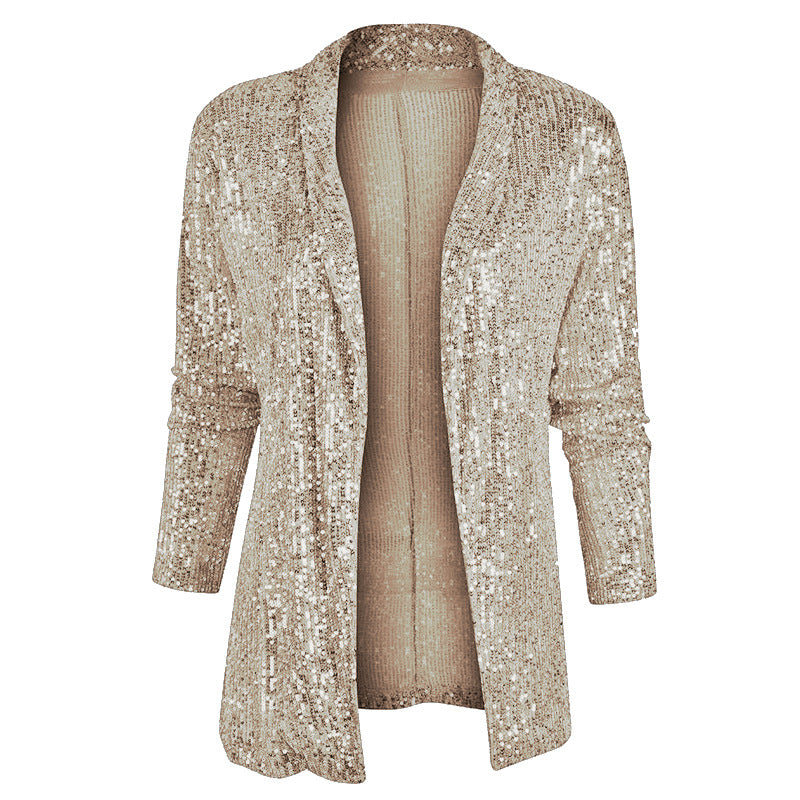 Spring Sequined Long Sleeve Elegant Mid Length Collared Color Coat for Women