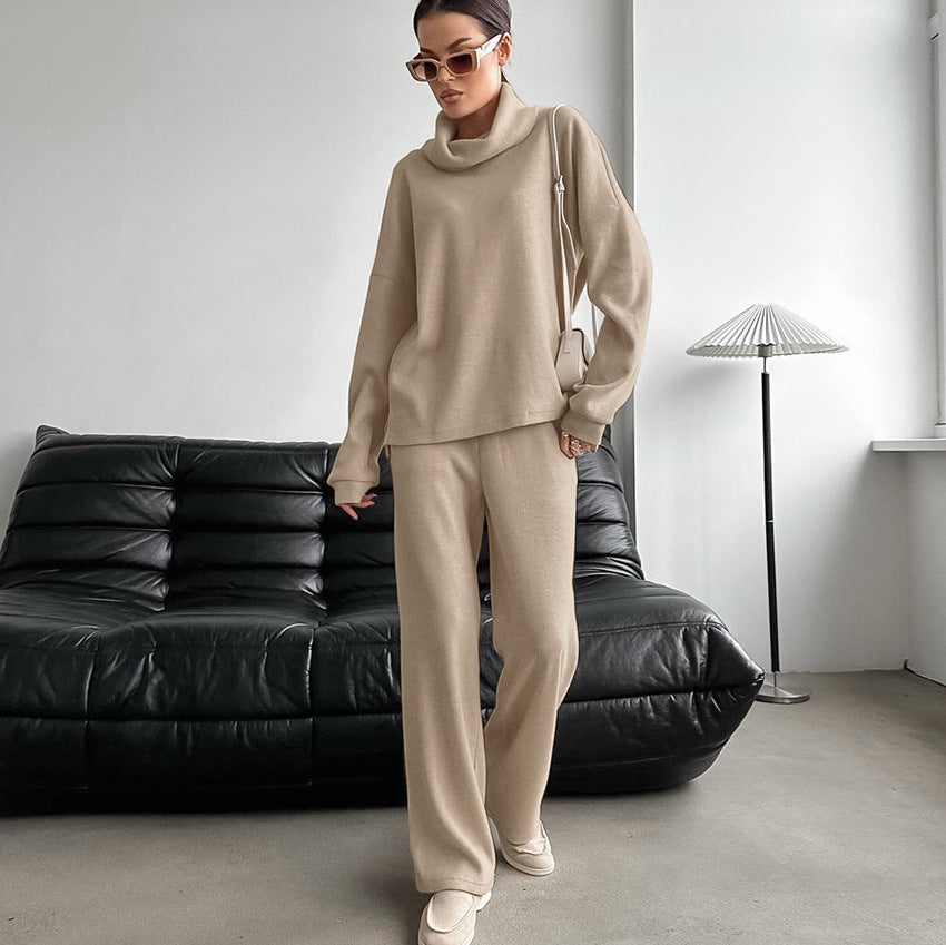 Autumn Casual Street Khaki Knitted Sunken Stripe High Collar High Waist Sports Elastic Band Russia All Match Suit