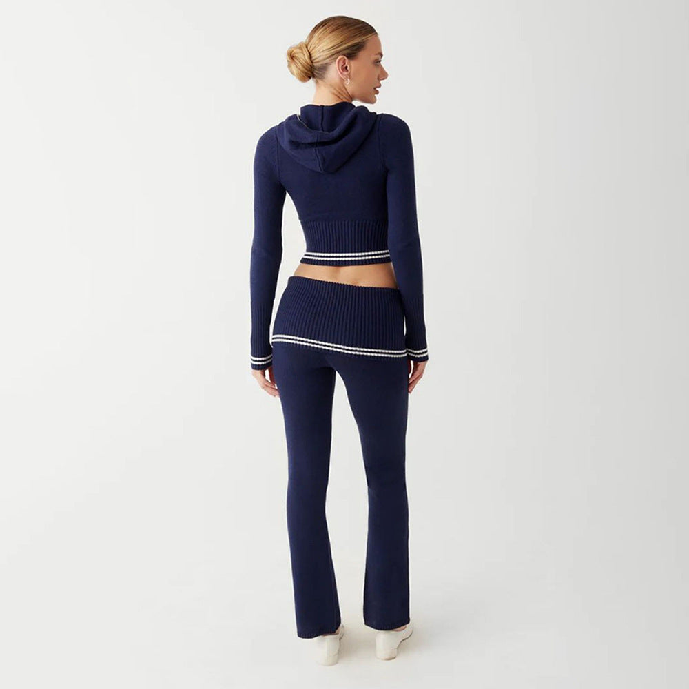 Fall Winter Knitted Two-Piece Sexy Bare Cropped Slim Fit Hoodie Bootcut Pants