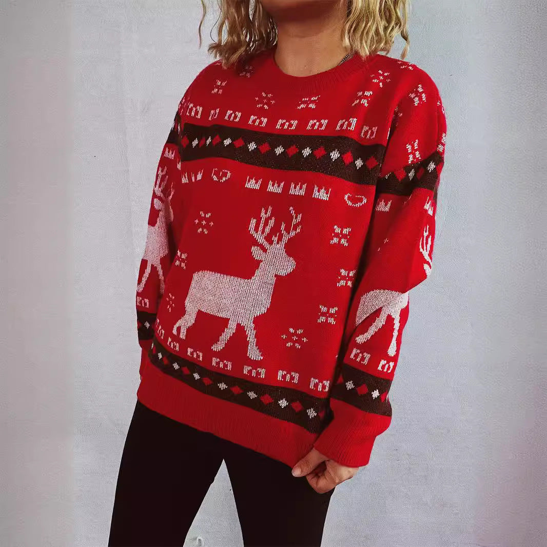 Arrival Autumn Winter Cartoon Elk Brocade Sweater Christmas Sweater round Neck Pullover Sweater