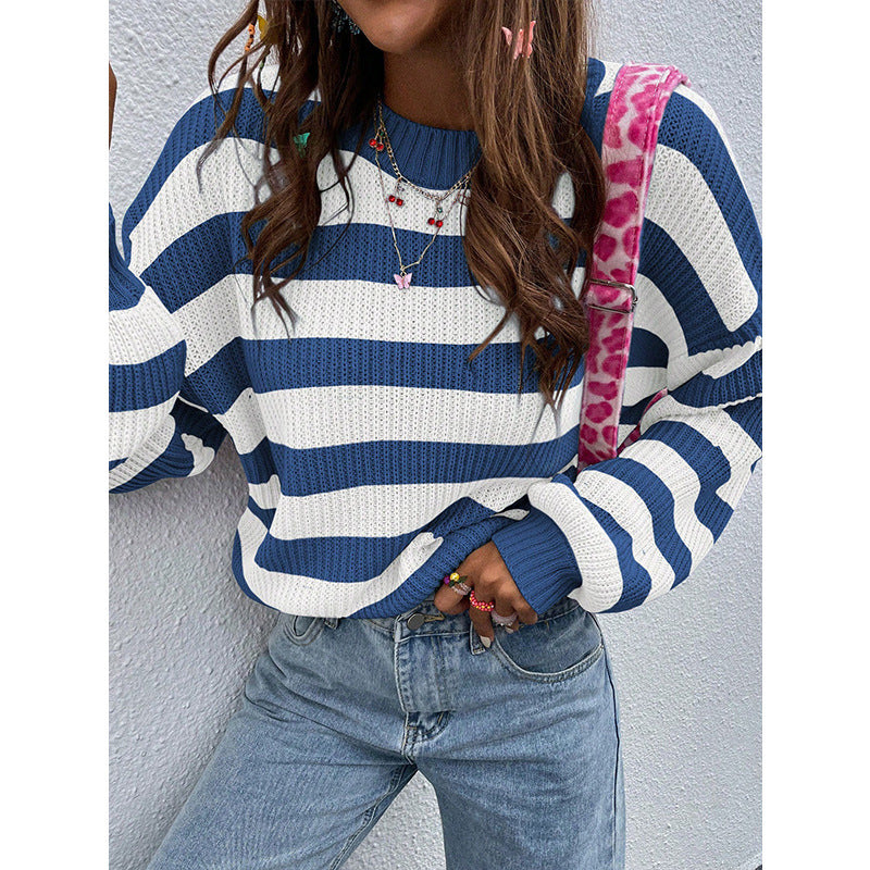 Contrast Color Striped Sweater Women round Neck Long Sleeve Loose Casual Knitted Top