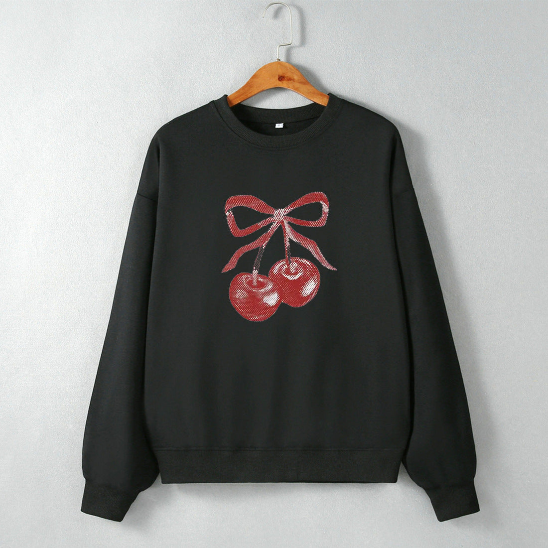 Street Hipster Bow Cherry Drop Shoulder Loose Long Sleeve Sweatershirt Autumn Winter Women Clothing