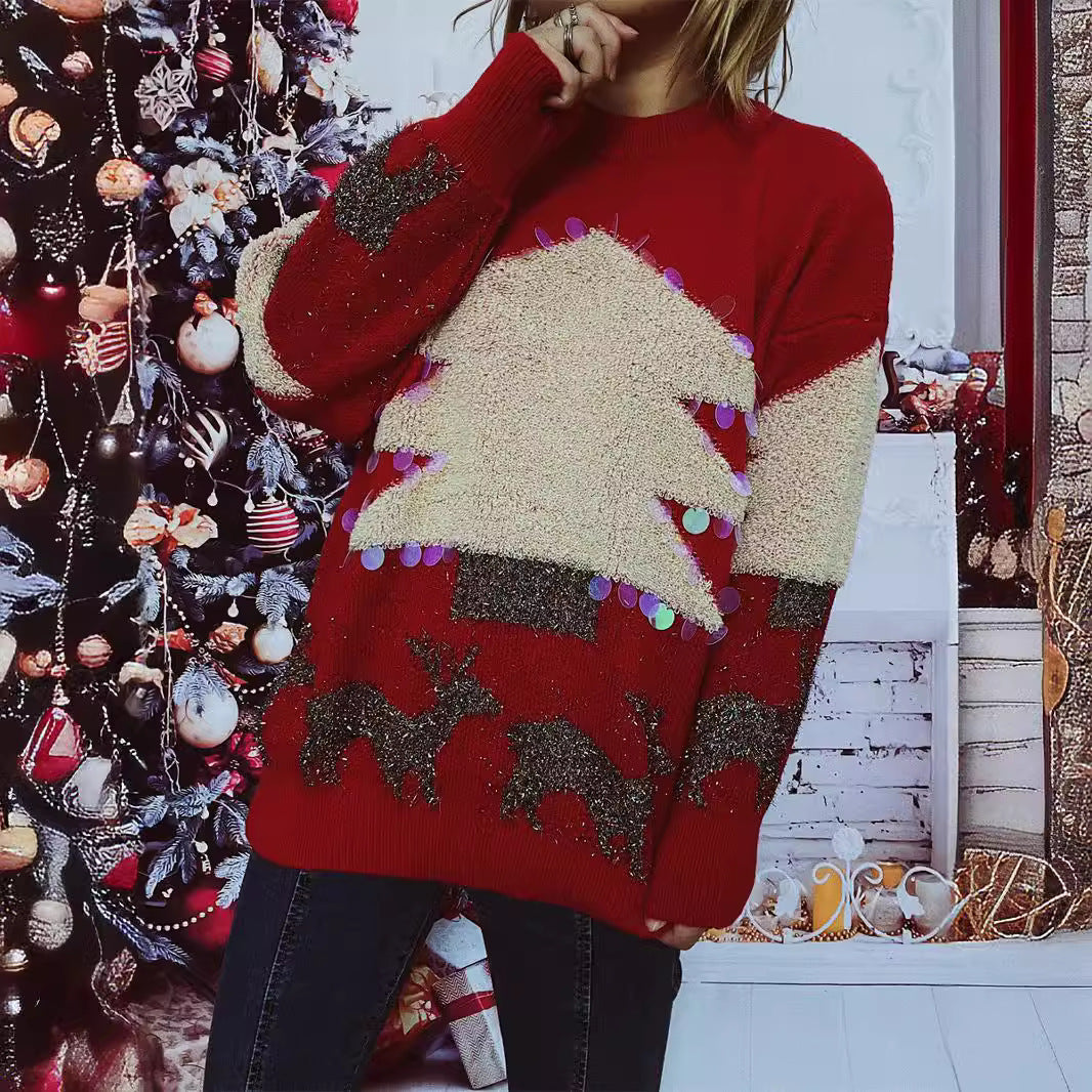 Christmas Sweater Handmade Sequined Flocking Christmas Tree Deer Thickened Pullover Year Sweater for Women