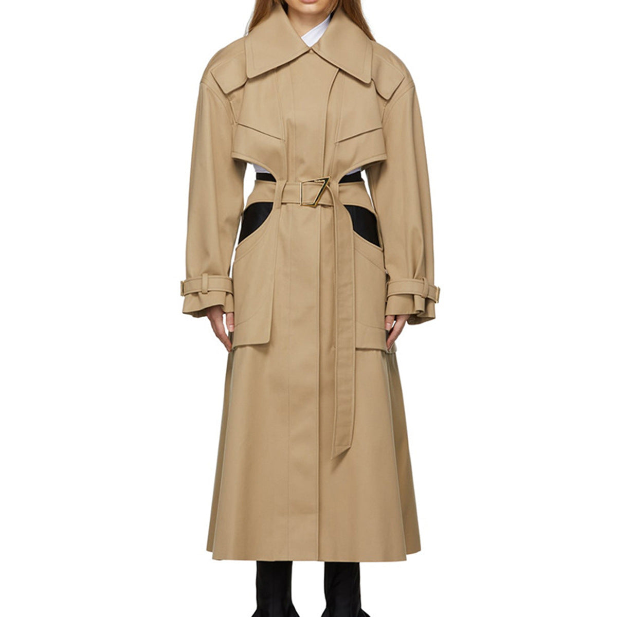 Trench-Coat Long de haute qualité pour femmes, printemps-automne, Design d'intérêt spécial, déconstruit, découpe ajourée, manches longues, tenue courte, manteau à lacets