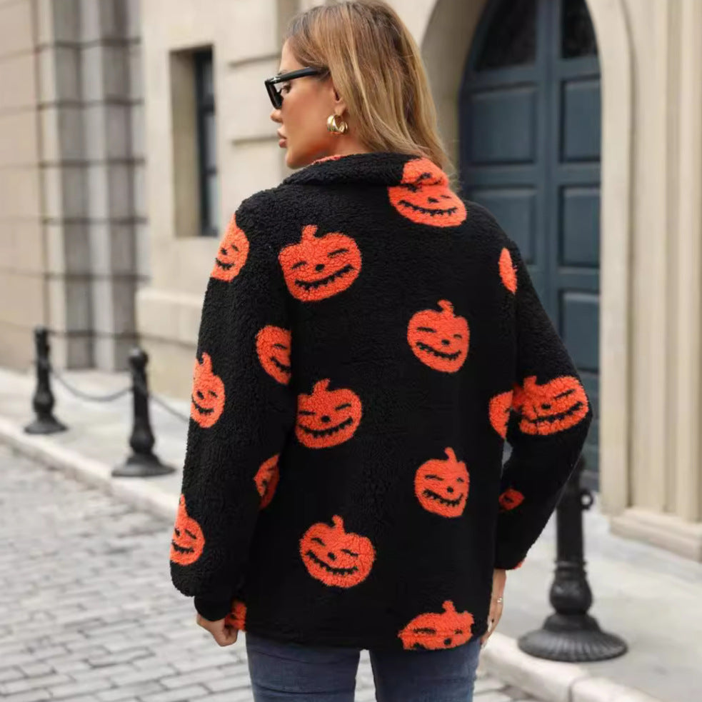 Suéter de felpa con media cremallera y estampado de calabaza de Halloween para mujer Otoño Invierno