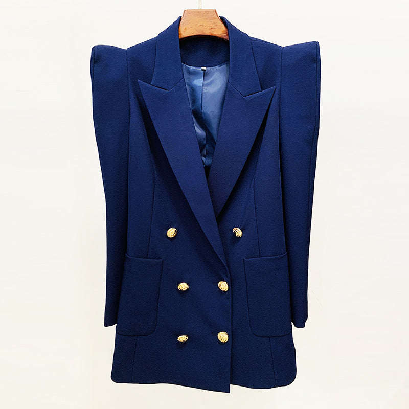 Goods Lion Buckle Personality Profile Shrug Double Breasted Mid Length Blazer Suit Set