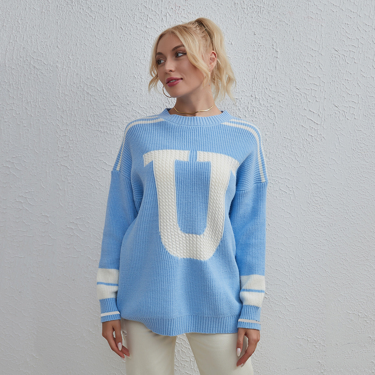 Women Long Sleeved Letter Graphic Sweater Coat Autumn Winter Women Sweater