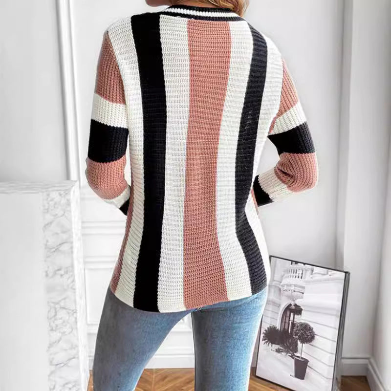 Pull col en V pour femme, pull classique à rayures et manches longues, décontracté, hauts assortis