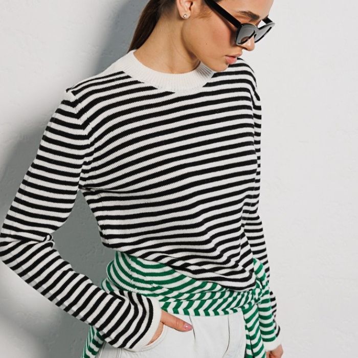 Striped Sweater Autumn Trendy Thread Contrast Color round Neck Knitted Striped Sweater