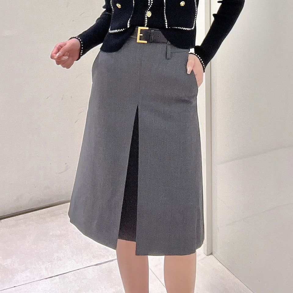 Women's Skirt Gray Worsted Pleated Suit A- Line Skirt Business Wear