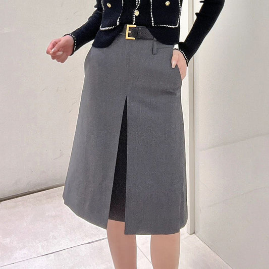 Women's Skirt Gray Worsted Pleated Suit A- Line Skirt Business Wear