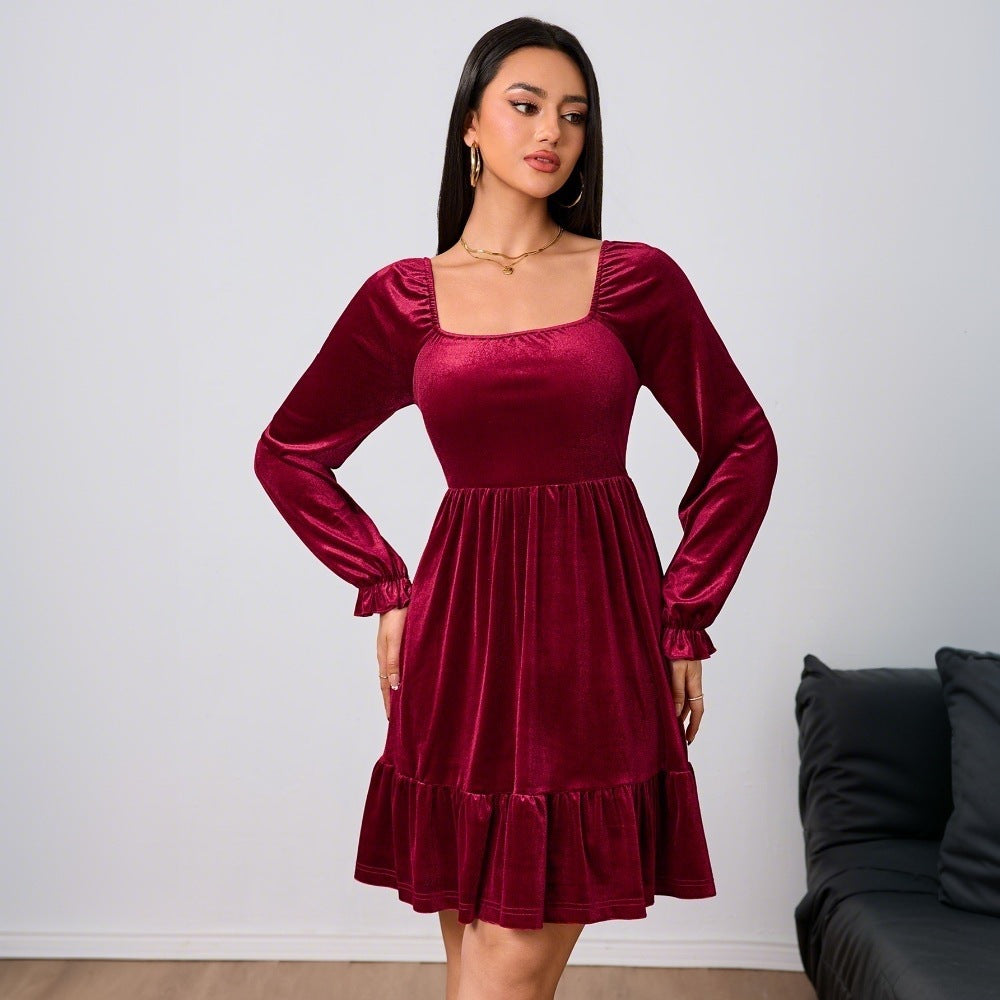 Vêtements pour femmes Robe mi-longue en velours français rouge vin Automne Hiver