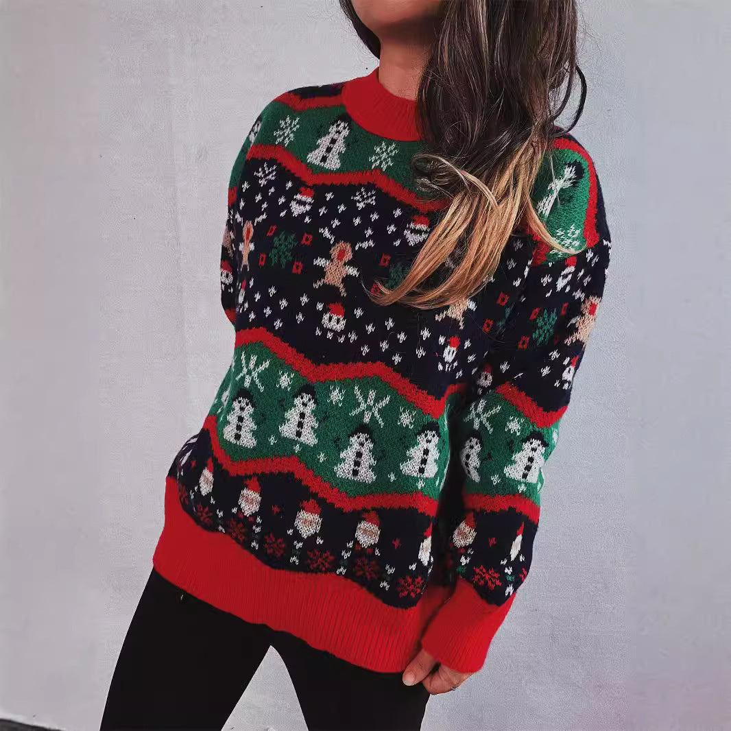 Suéter navideño Otoño Invierno Tejido Jacquard Acrílico Suelto Cuello Alto Mangas Largas Suéter Holgado Suéter de Año Nuevo