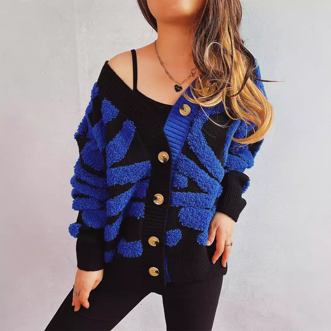 Automne Hiver Col V Contraste Couleur Irrégulier Asymétrique Motif Zèbre Cardigan Manteau Pull Femme