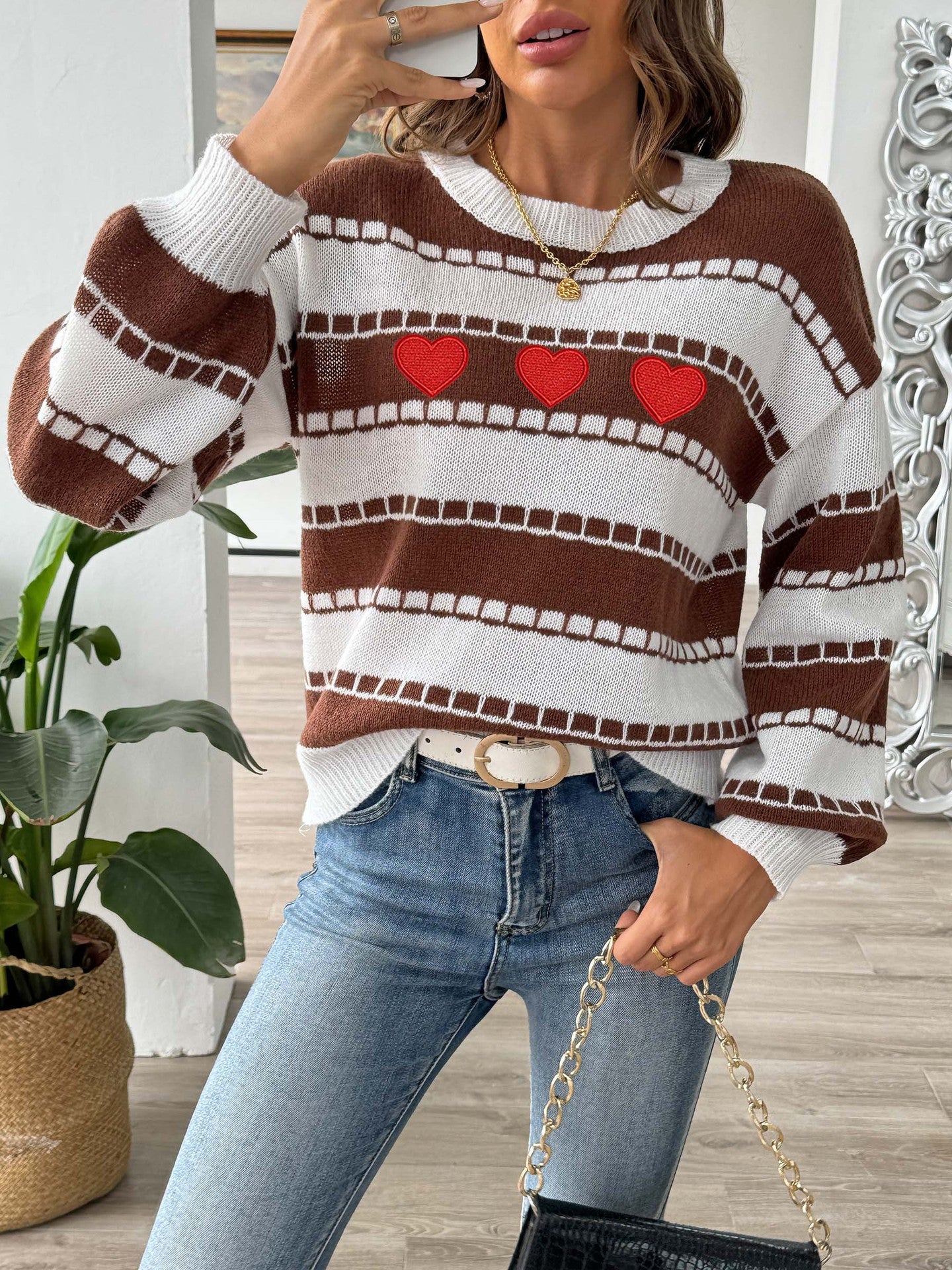 Women Sweater Bottoming Shirt Color Contrast Patchwork Striped Color Block Embroidery Love Stickers Sweater