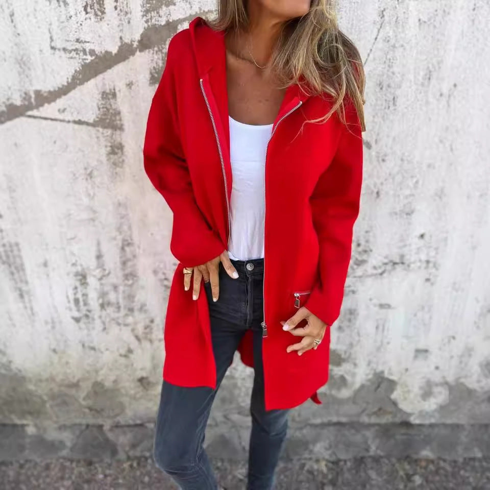 Ropa de otoño e invierno para mujer, cárdigan informal holgado de manga larga con capucha y largo medio para mujer