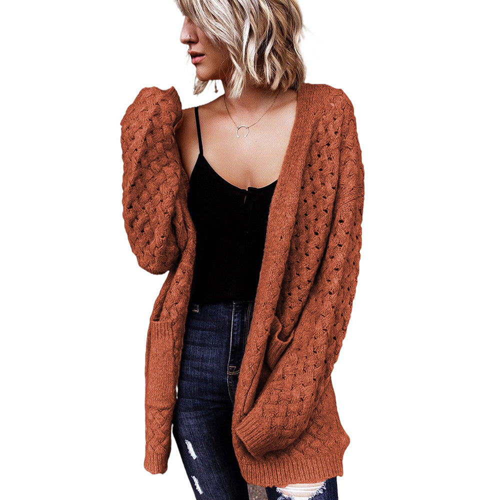 Brown Pocket Cardigan Sweater Women Arrival Mid Length Cardigan Coat