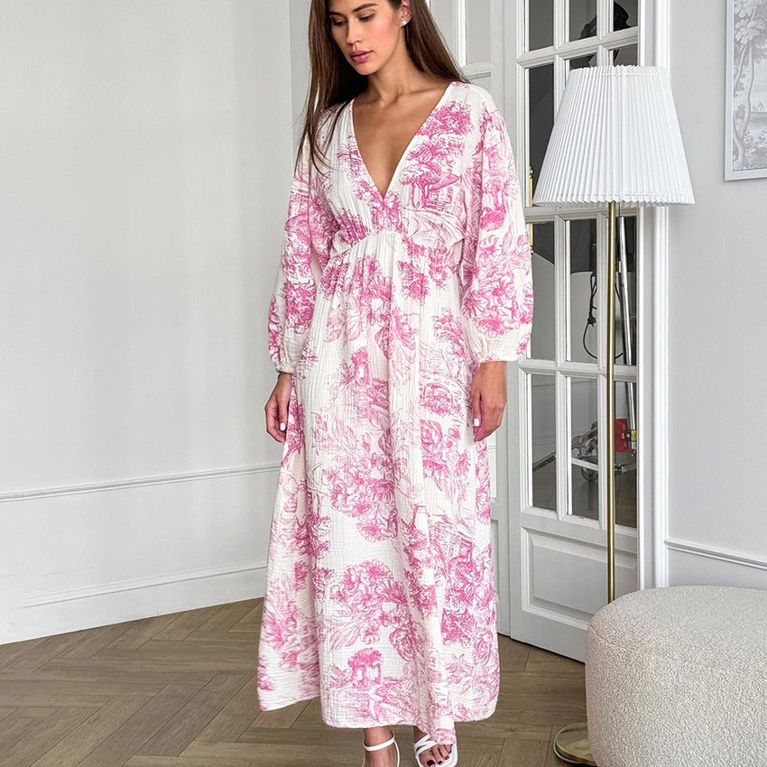 Autumn Elegant V Neck Lantern Sleeve All Matching Printed Lace Up Dress Cotton Linen Women Maxi Dress