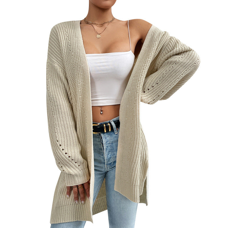 Automne hiver pull ample manteau mi-long col en V couleur unie pulls Cardigan