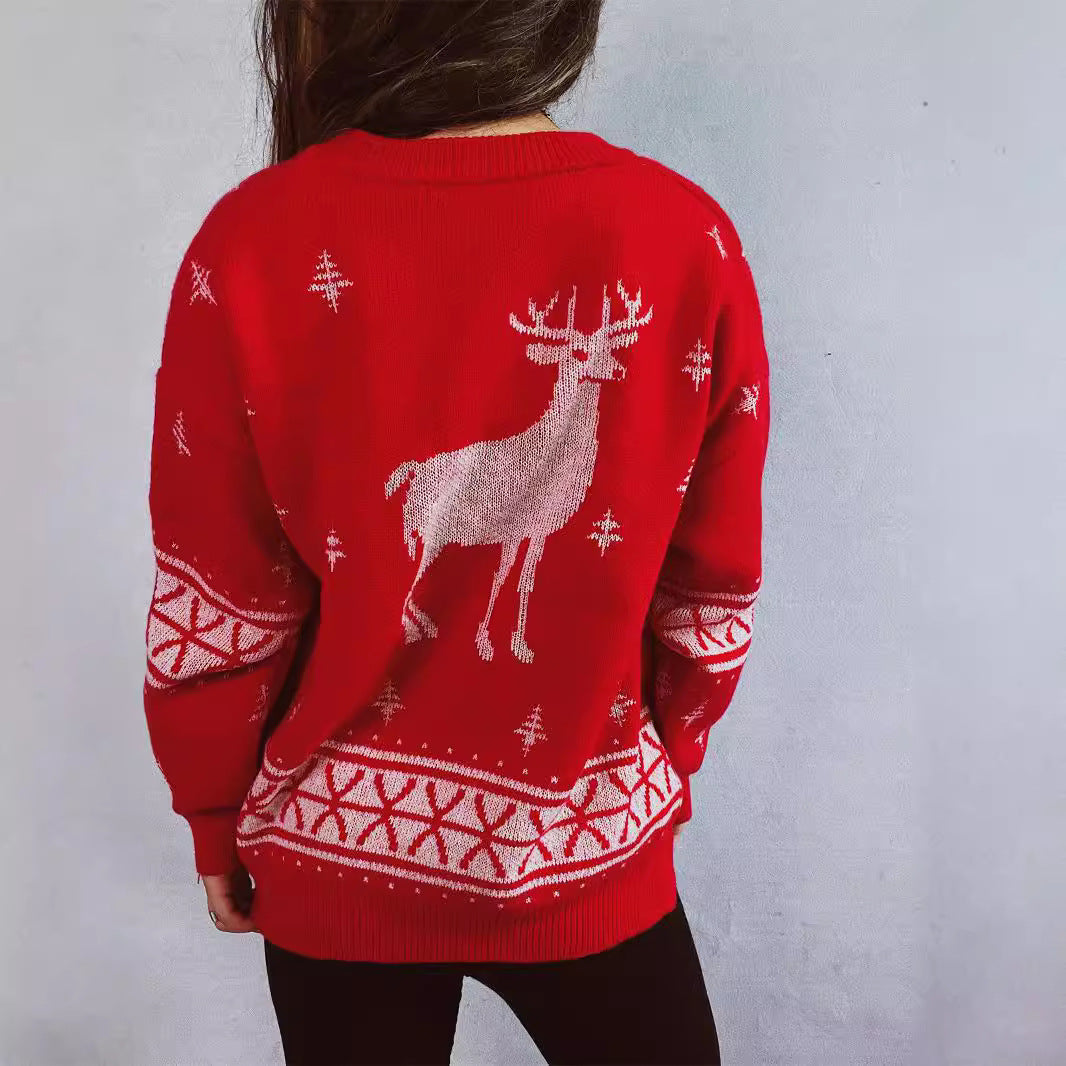 Arrivée Automne Hiver Dessin Animé Renne Flocon De Neige Jacquard Pull De Noël Col Rond Pull Pull