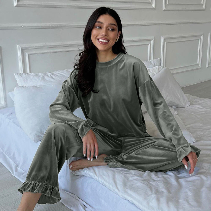 Autumn Knitted Ruffled Long Sleeved Trousers Home Wear Women Comfort Casual round Neck Pajamas