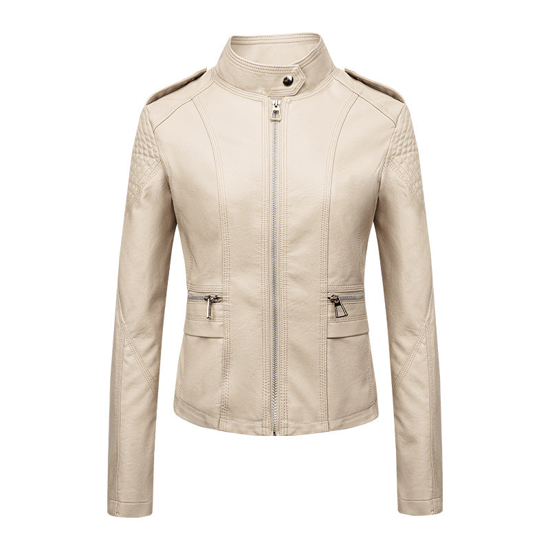 Veste en cuir slim pour femme Vêtements de moto pour femme Veste en similicuir pour femme Veste courte en cuir pour femme Three Line Craft