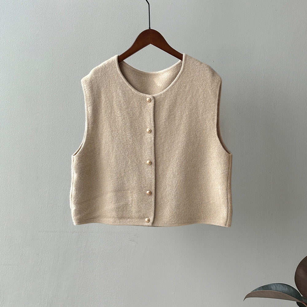 Gentle Single Breasted round Neck Knitted Vest Women Winter Loose Waistcoat Top