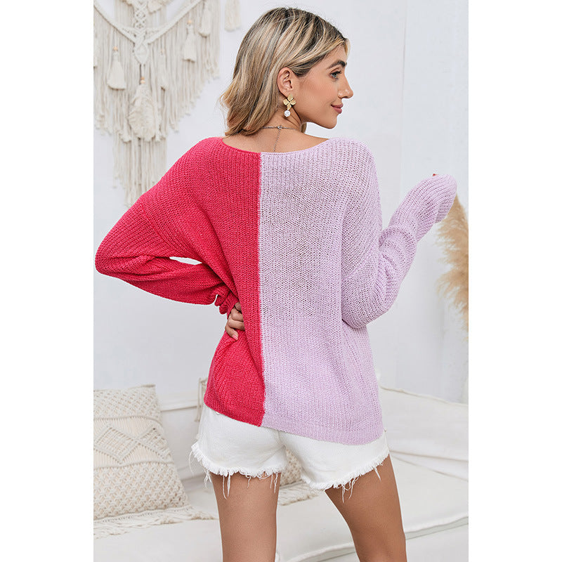 Suéter de cuello en V a juego de colores para otoño e invierno, jersey informal holgado de manga larga de punto que combina con todo para mujer