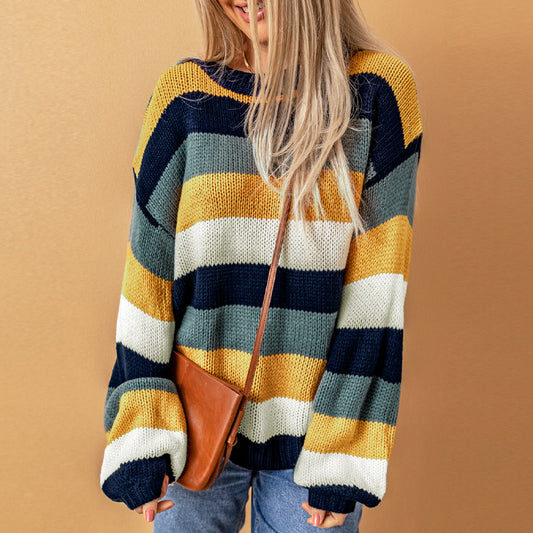 Suéter de invierno con costuras a rayas de colores contrastantes para mujer, jersey informal de manga larga con hombros caídos para mujer