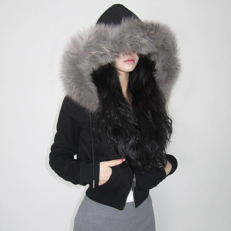 Street Retro Hooded Furry Splicing Coat Winter Slim Fit Warm Double Headed Zipper Cardigan Sweater