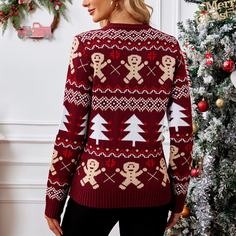 Gingerbread Man Jacquard Long Sleeved Sweater Pullover Casual Top Christmas Christmas Sweater