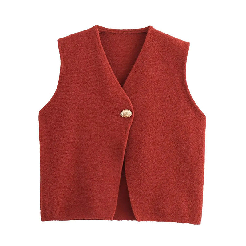 Gilet tricoté en coton double face sans manches avec boucle en feuille mélangée à fil d'or français pour femme