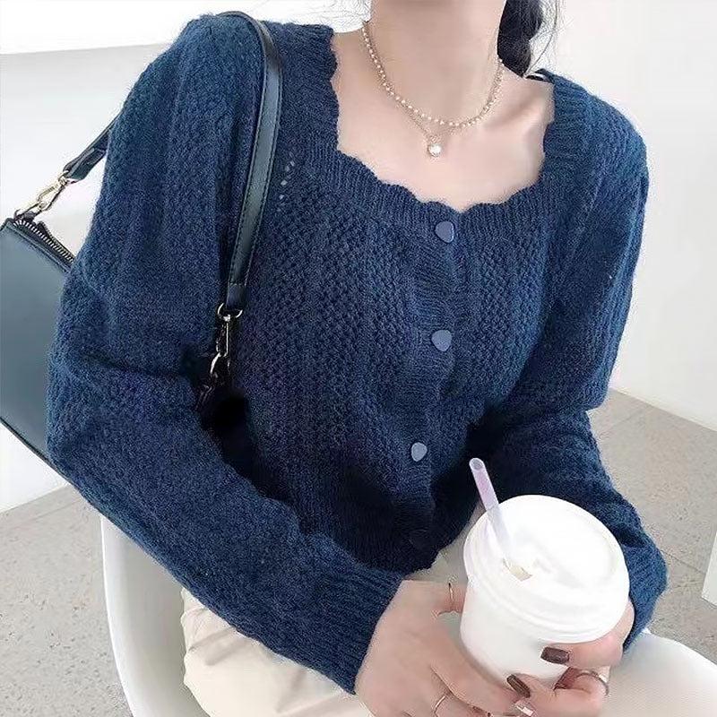 French Square Collar Knitted Sweater Cardigan Women Clothes Spring Long Sleeve Short Sweater