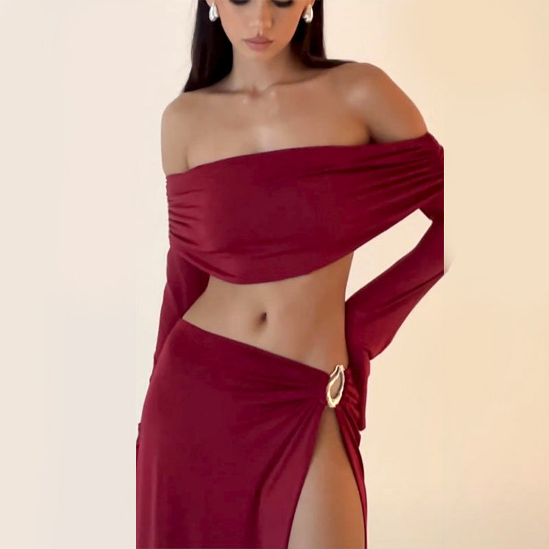 Women Clothing Autumn Off Neck Long Sleeve Bandeau Sexy High Slit Skirt Two Piece Suit Women