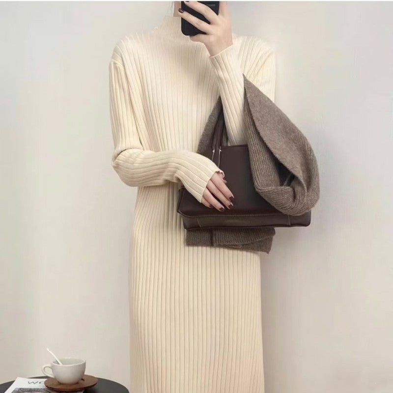 Autumn Winter Mock Neck Sweater Women Mid Length below the Knee Coat Base Ride Tassel Dress Swing Knitted Dress